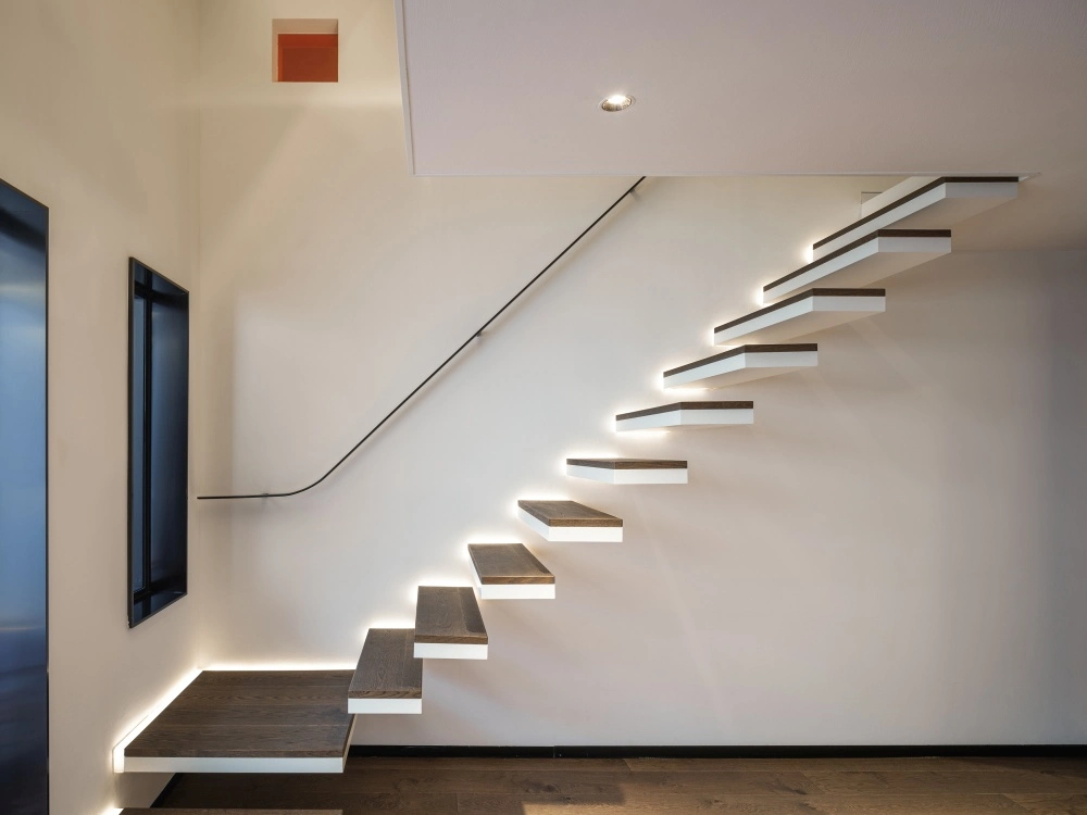 Metal Steel Interior Stair Wood Step LED Floating Staircase