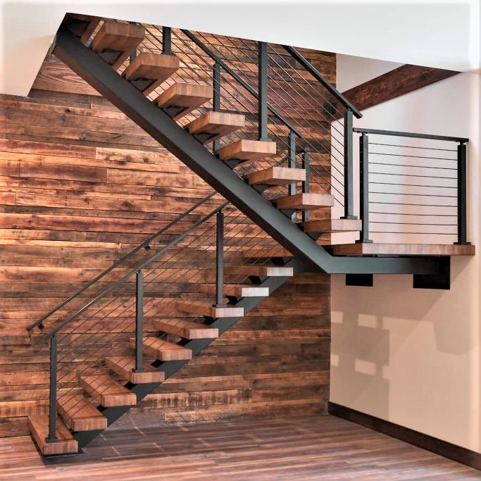 High-End American Style Villa L Shape Mono Stringer Cable Stair Railing Metal Indoor Staircase Designs Straight Staircase with Wooden Steps