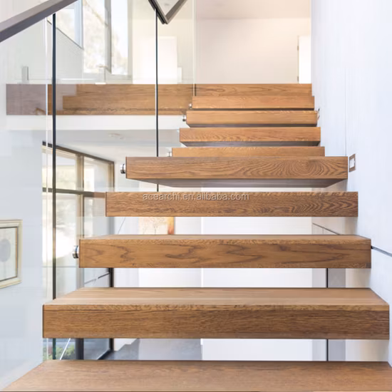 Customize Factory Metal Stringer Timber Step Glass Railing Floating Staircases