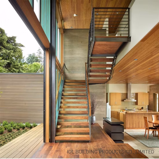 Commercial Metal Stairs Modern Indoor Stairs Design Customized U Shape Steel Staircase with Cable Railing Wood Stair Handrail