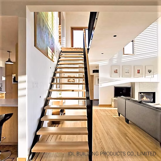 High-End American Style Villa L Shape Mono Stringer Cable Stair Railing Metal Indoor Staircase Designs Straight Staircase with Wooden Steps