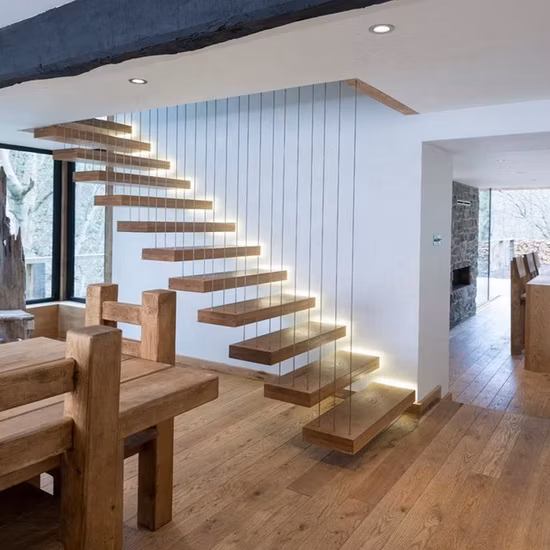 Metal Steel Interior Stair Wood Step LED Floating Staircase